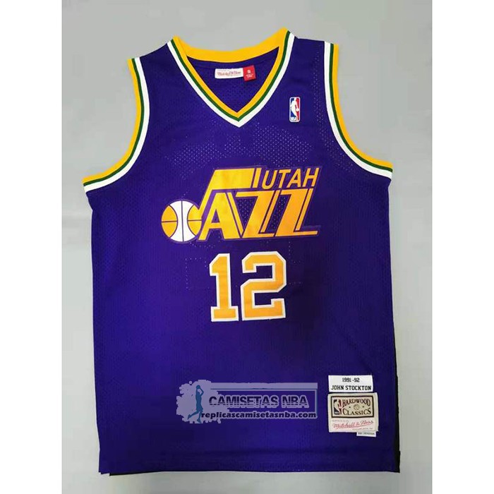 Camiseta Utah Jazz John Stockton NO 12 Mitchell & Ness 1991-92  Violeta